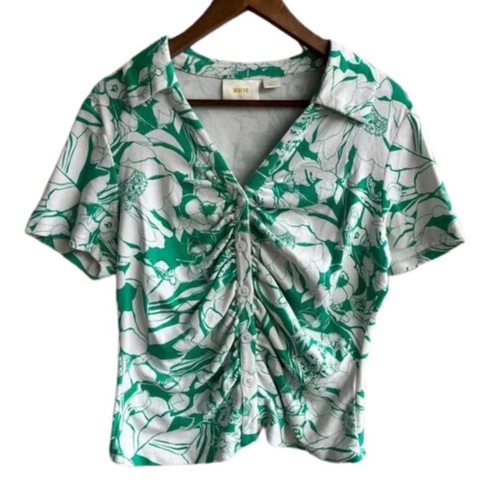 MAEVE Anthropologie Green and White Hawaiian Rouched ButtonDown Shirt Women’s XL
